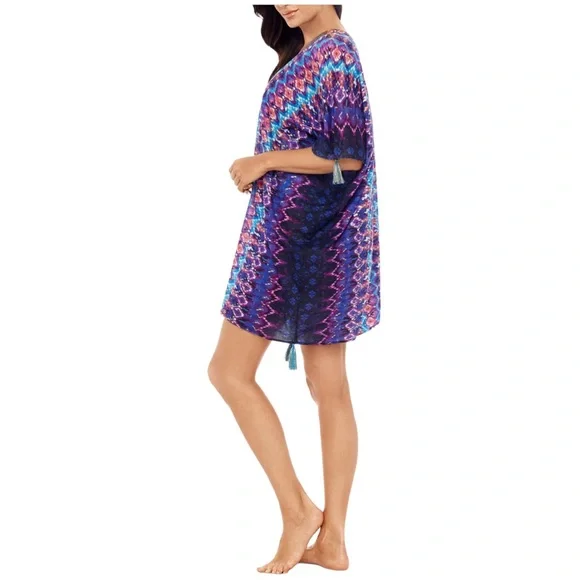 Miraclesuit Bella Alba Cotton Caftan Cover-Up in Midnight Blue (M) - Picture 3 of 14
